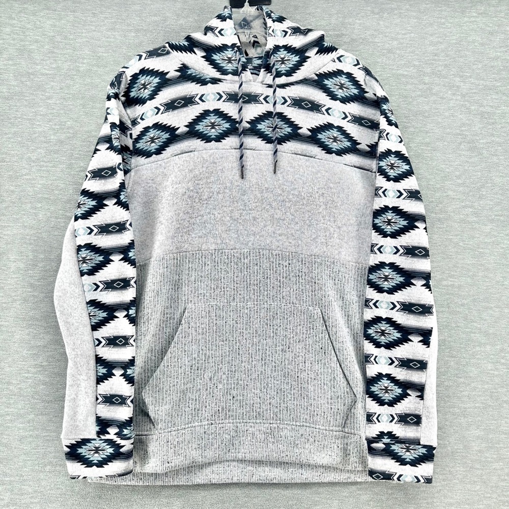 Departwest Hoodie Mens XL Gray Aztec Print Southwestern Ribbed Fleece Pullover